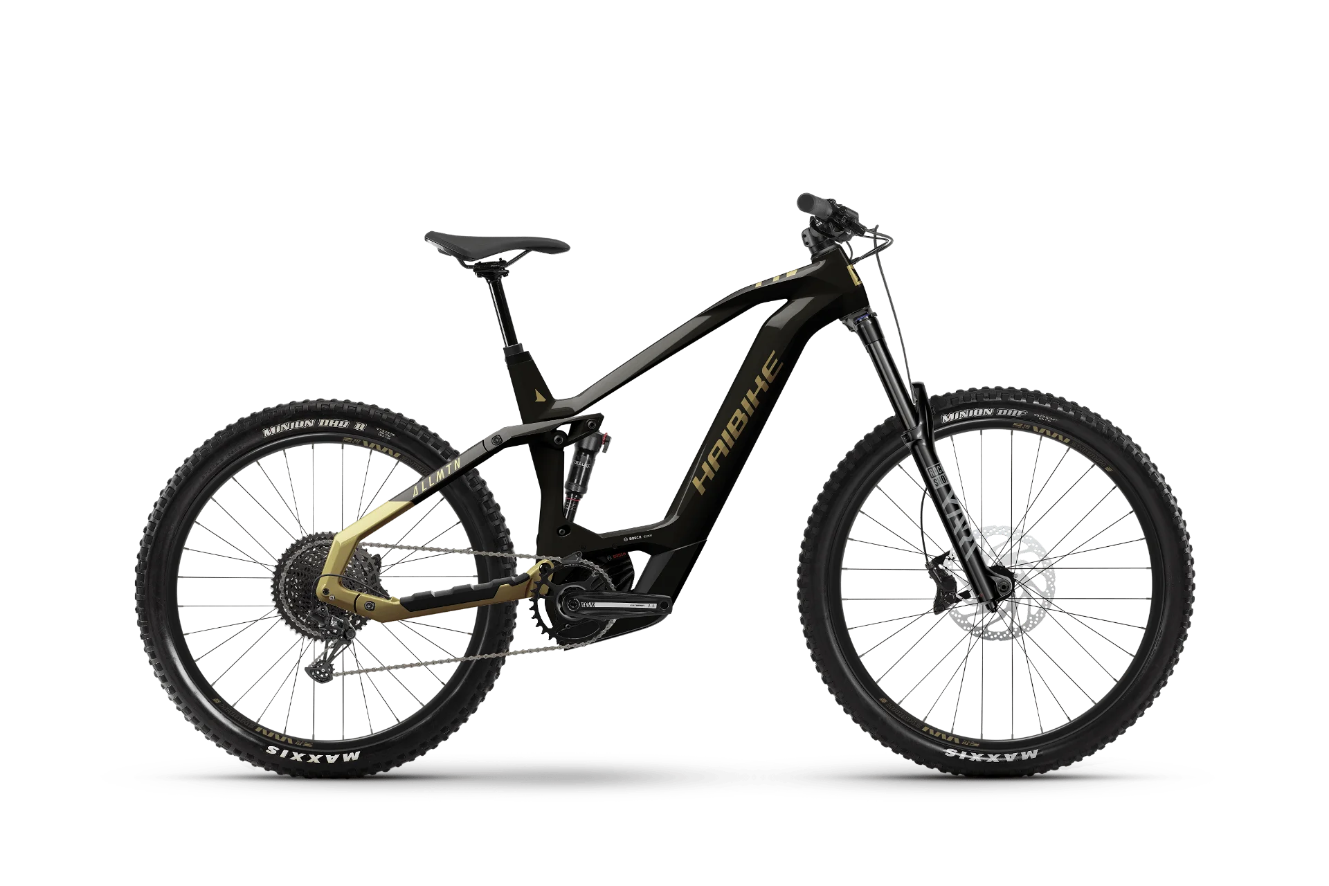 mountainbike schwarz gold E-Bike Haibike AllMtn CF 8 MTB Fully black/gold